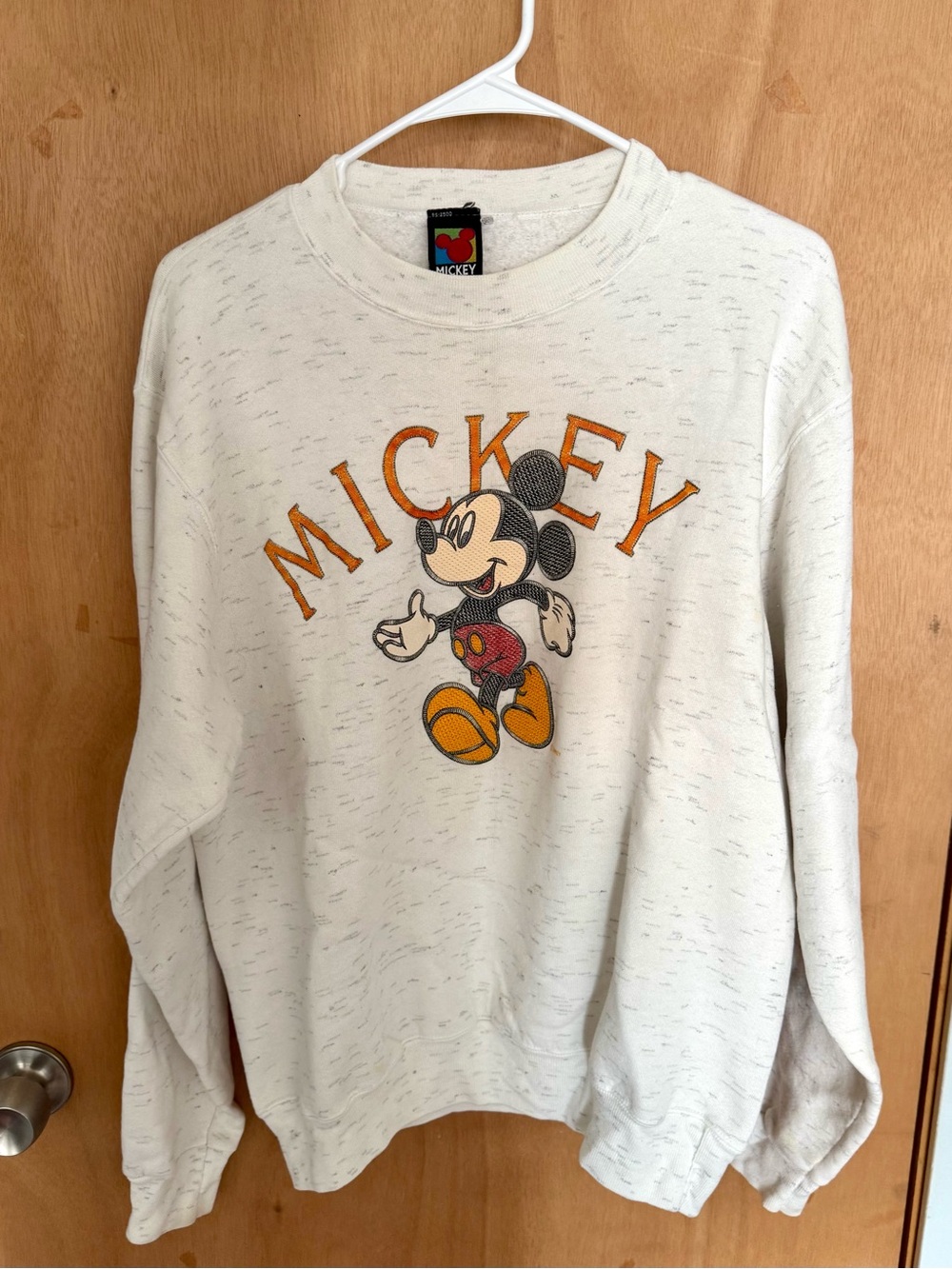 Disney Cream Crewneck Sweater with Mickey Graphic and Orange Lettering